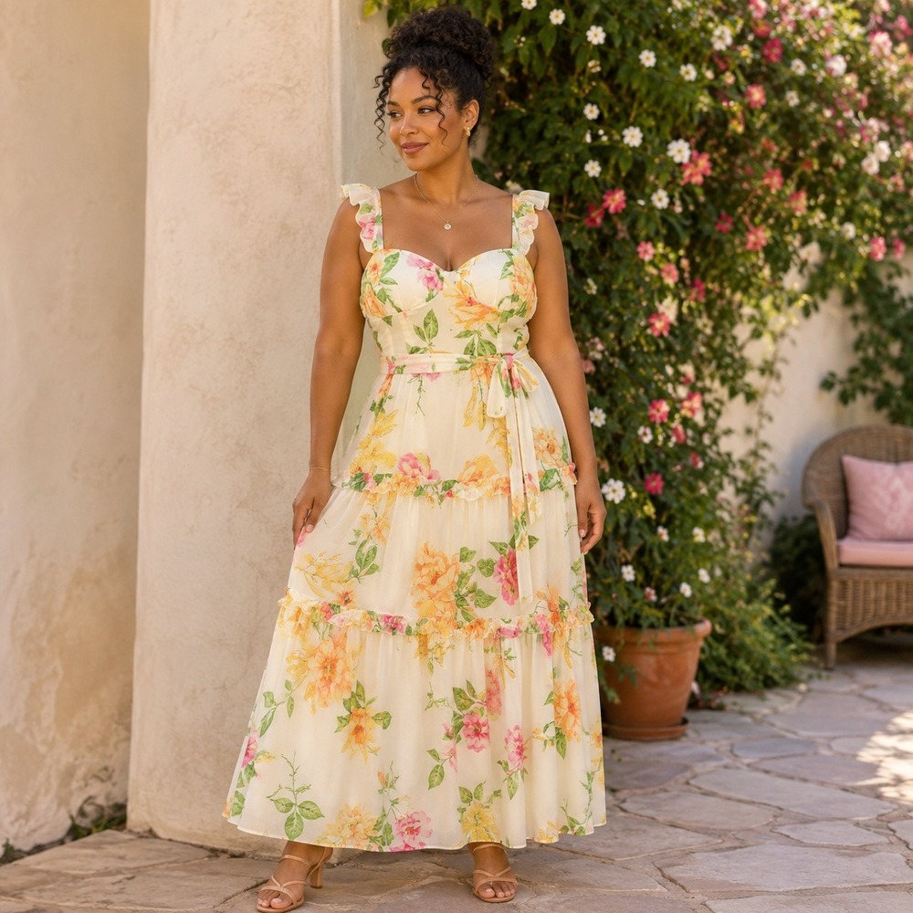 Flying‎ Tomato Women's L Ivory Floral Tiered Ruffle Strap Maxi Dress